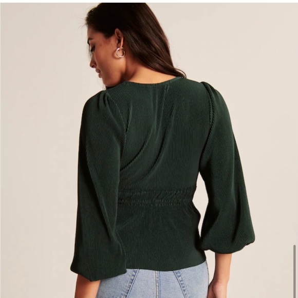 Abercrombie & Fitch plisse pleat v neck blouse elastic waist tie peplum black m - Picture 12 of 13